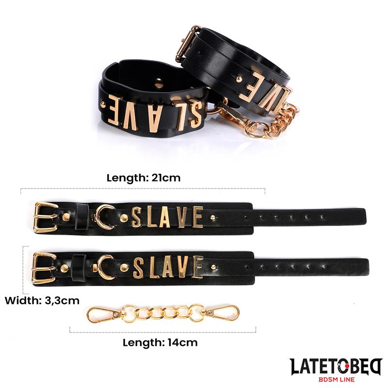 LateToBed "BDSM Line" esposas para tobillo con cadena dorada "Slave" 22 cm