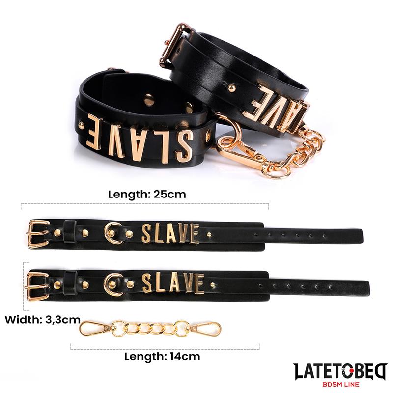 LateToBed "BDSM Line" esposas para tobillo con cadena dorada "Slave" 25 cm