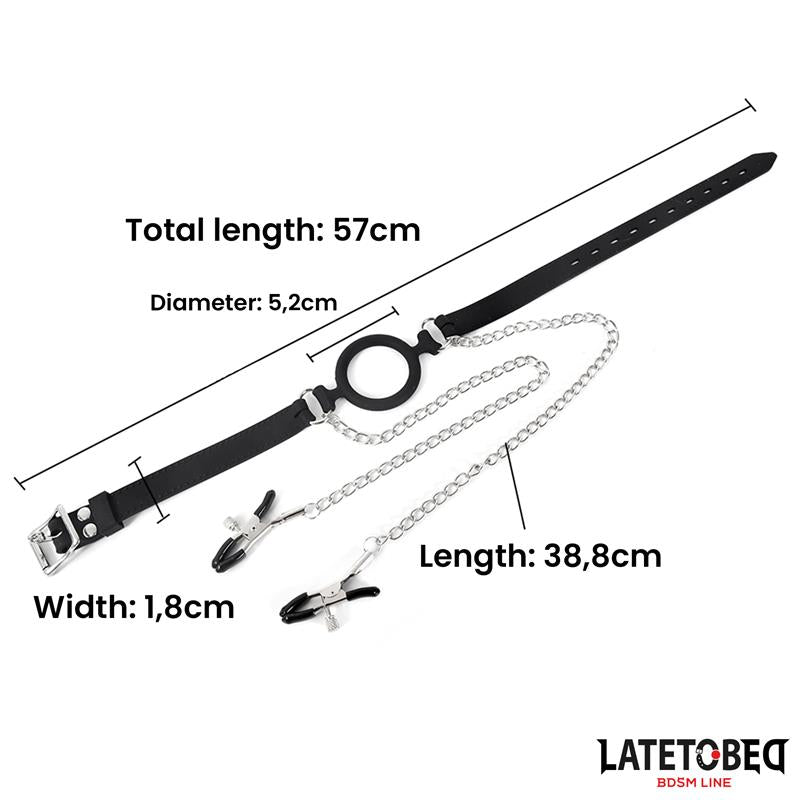 LateToBed "BDSM Line" mordaza de aro con pinzas para pezones