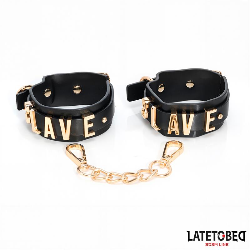 LateToBed "BDSM Line" esposas para tobillo con cadena dorada "Slave" 25 cm