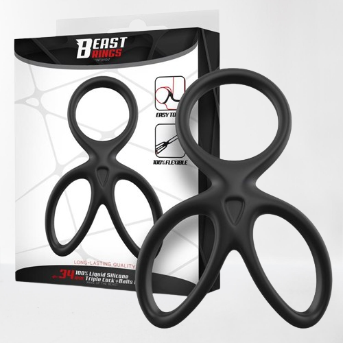 Beast Ring anillo triple para pene y testículos de silicona líquida con diseño plano 3.4 cm
