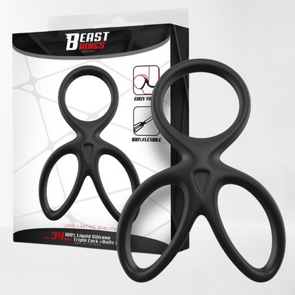 Beast Ring anillo triple para pene y testículos de silicona líquida con diseño plano 3.4 cm