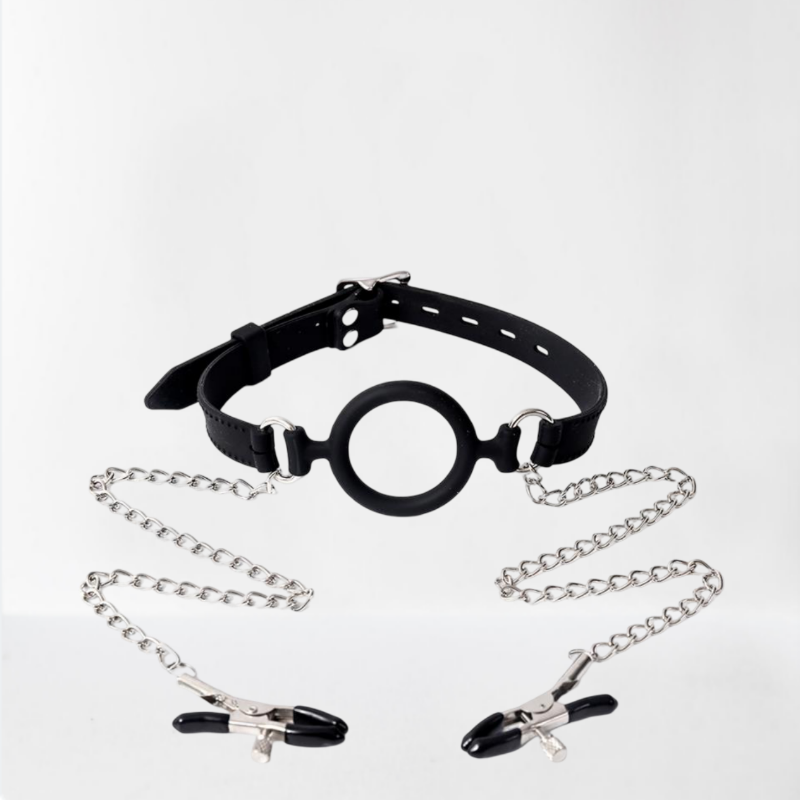LateToBed "BDSM Line" mordaza de aro con pinzas para pezones