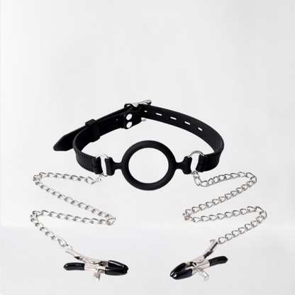 LateToBed "BDSM Line" mordaza de aro con pinzas para pezones