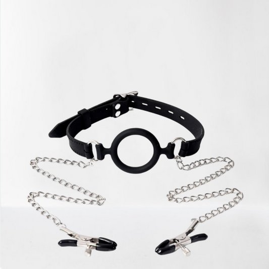 LateToBed "BDSM Line" mordaza de aro con pinzas para pezones