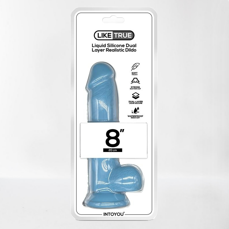 Intoyou LikeTrue dildo hiper realista silicona líquida dual layer 20 cm azul