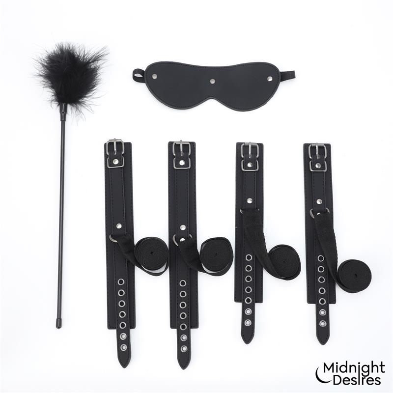 Midnight Desires set bondage con esposas, antifaz y pluma "Midnight Desires"