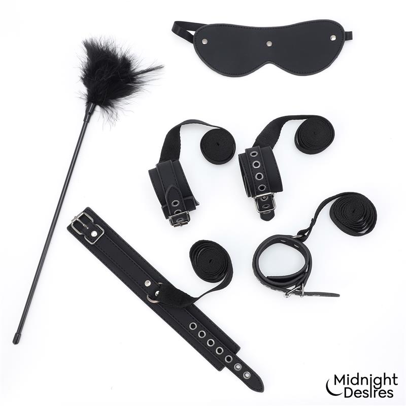Midnight Desires set bondage con esposas, antifaz y pluma "Midnight Desires"