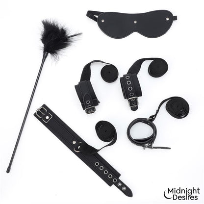 Midnight Desires set bondage con esposas, antifaz y pluma "Midnight Desires"