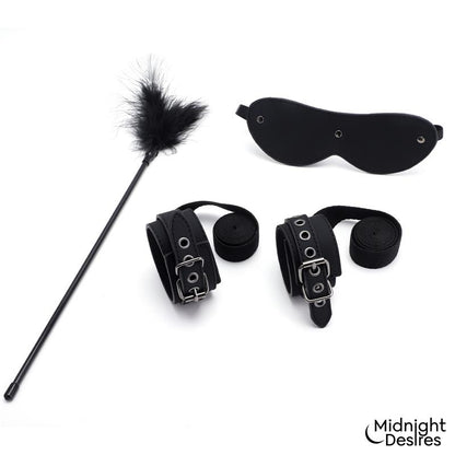Midnight Desires set bondage con esposas, antifaz y pluma "Midnight Desires"